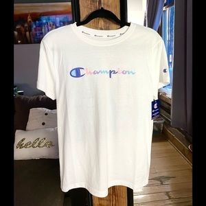 Champion White Tee with Multicolor Logo New NWT
